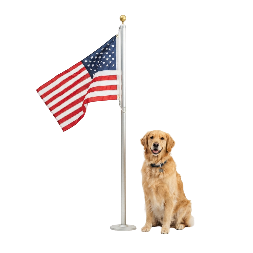 A smiling golden retriever sitting beside an American flag on a pole