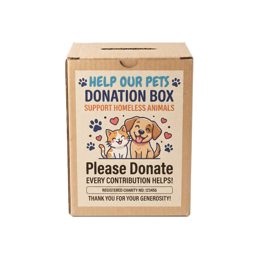A cardboard donation box with a label encouraging donations to support homeless pets featuring a cat and dog illustration