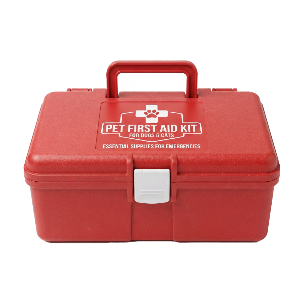 Red pet first aid kit labeled for dogs and cats with essential emergency supplies