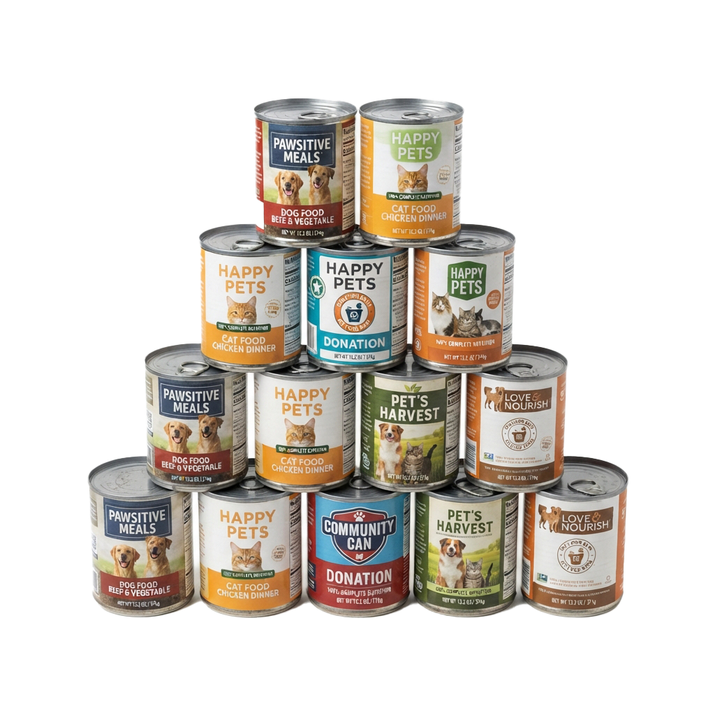 Stack of various pet food cans for dogs and cats, including donation tins, arranged in a pyramid shape