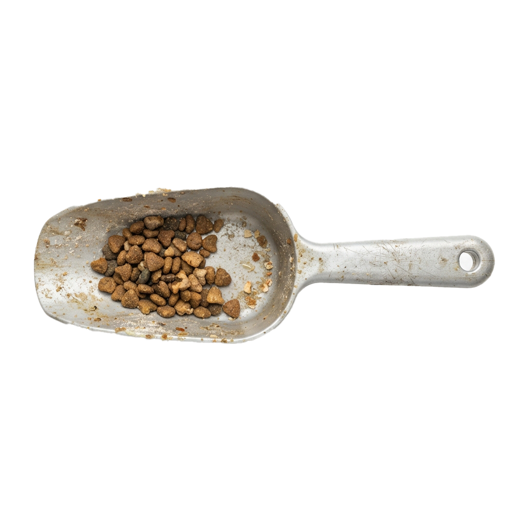 White plastic scoop filled with dry pet food kibble against a black background