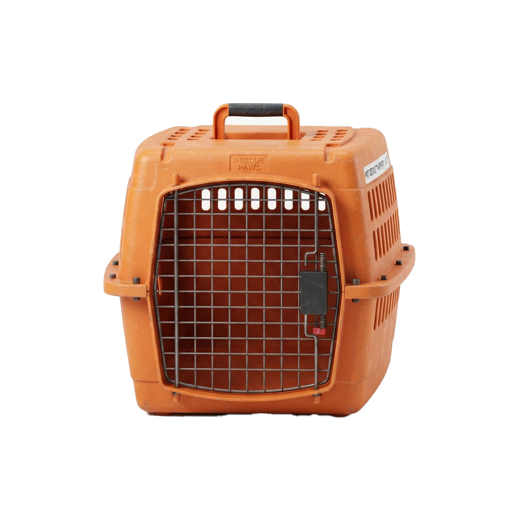 Orange plastic pet carrier with a metal mesh door, ventilation holes, and a handle on top