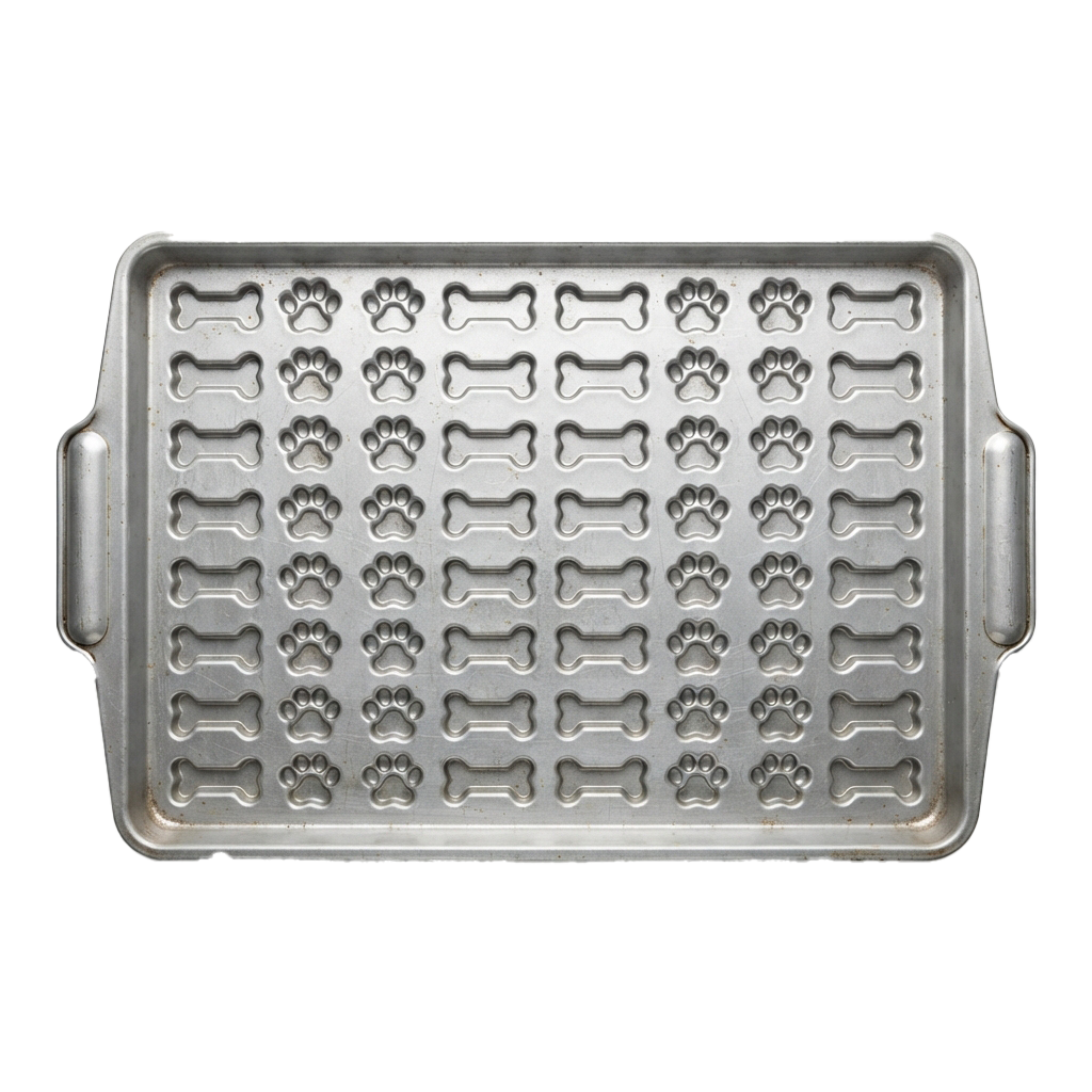 Metal baking tray with multiple dog bone and paw print shaped molds for making pet treats