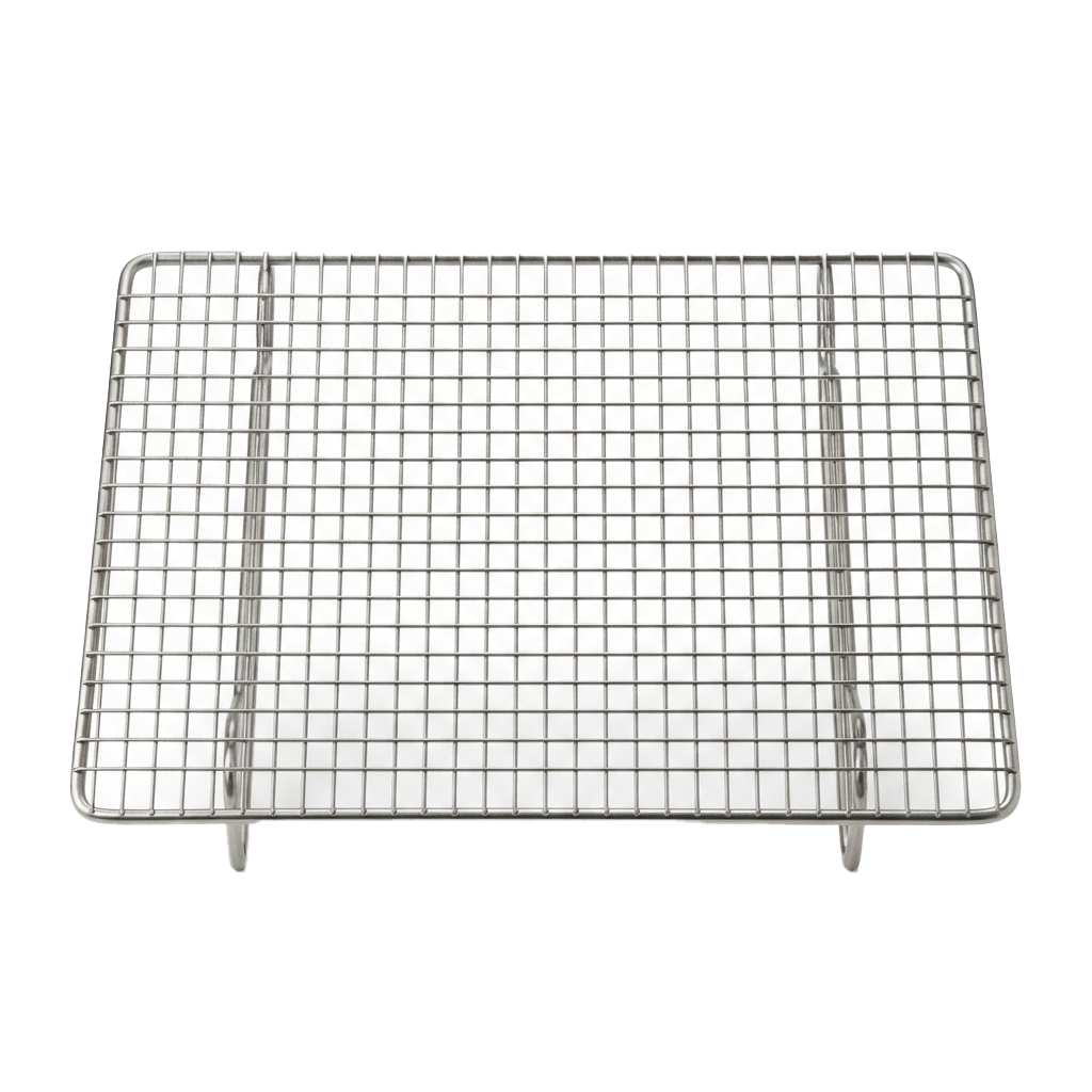 A rectangular stainless steel cooling rack with a wire mesh grid and four feet for elevation.