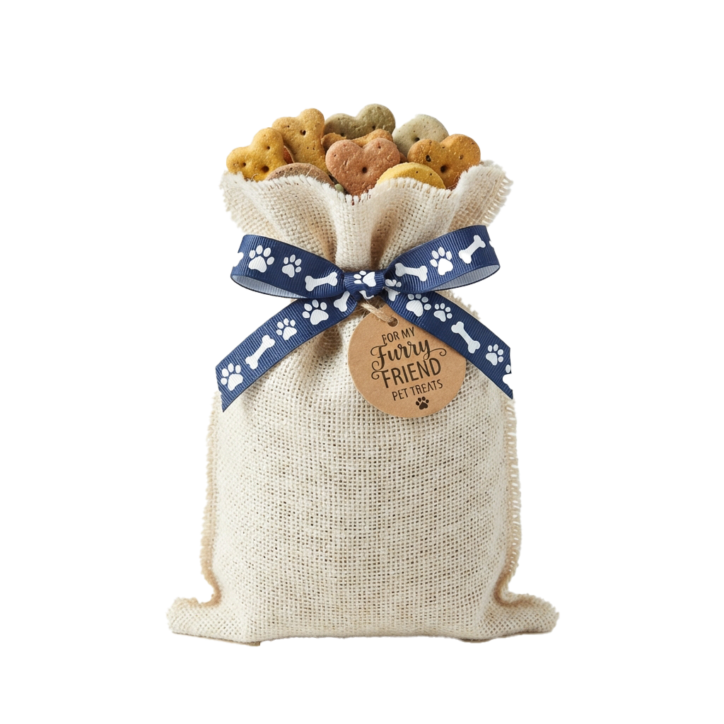 A beige fabric bag filled with dog treats tied with a blue ribbon featuring paw prints and a tag saying For My Furry Friend Pet Treats