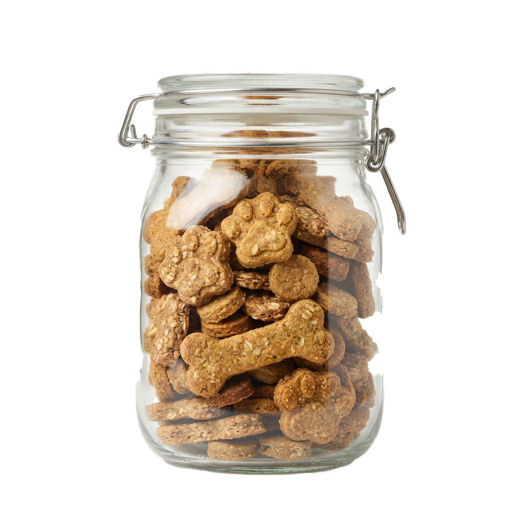 Glass jar filled with bone-shaped dog treats, sealed with a metal clasp lid