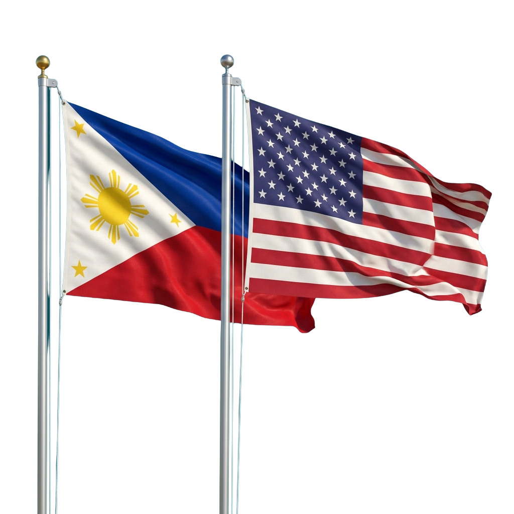 Two flags waving on poles: the Philippine flag on the left and the US flag on the right