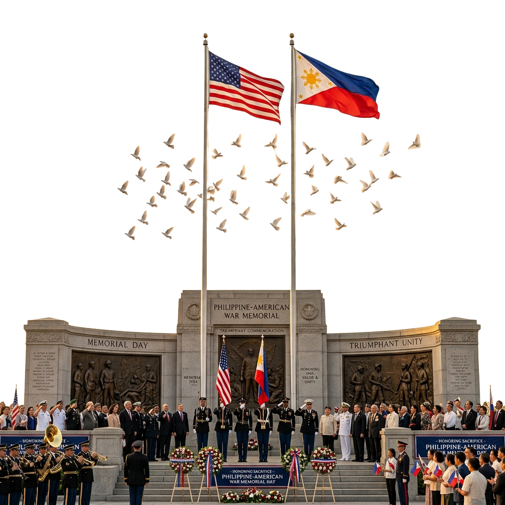 Ceremony at Philippine-American War Memorial featuring flags of the US and Philippines, doves flying, and uniformed personnel.