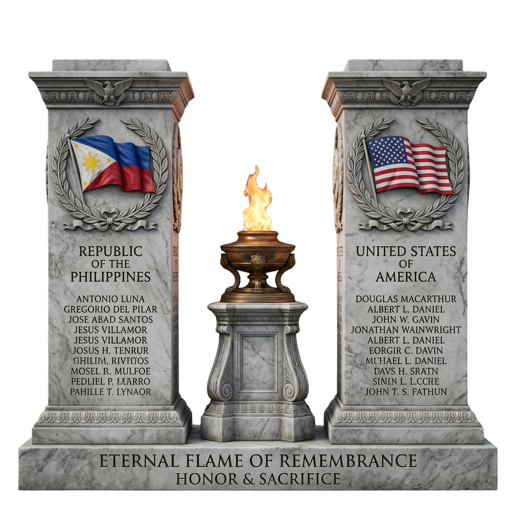 Monument with eternal flame flanked by pillars displaying Philippine and US flags, listing names of honored individuals from both nations.