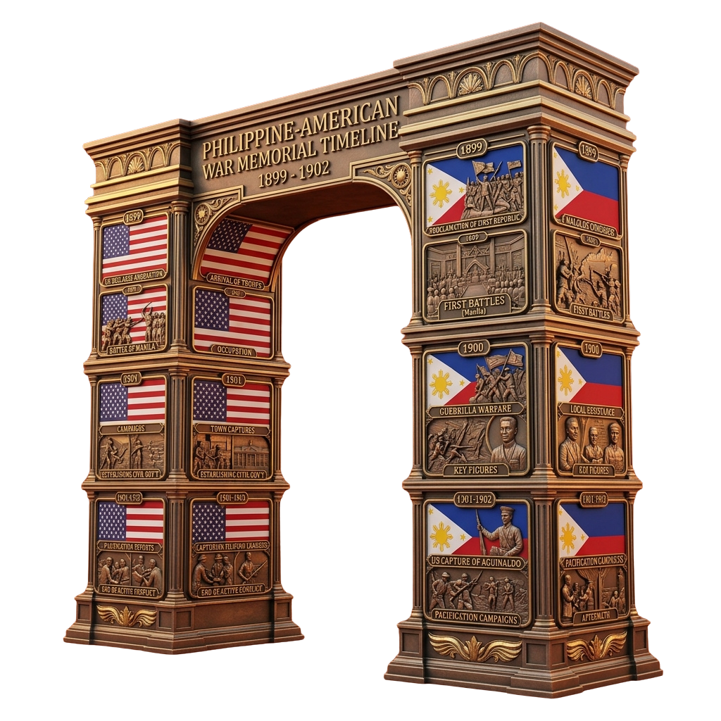 Detailed model of a memorial arch depicting the Philippine-American War timeline from 1899 to 1902 with flags and key events