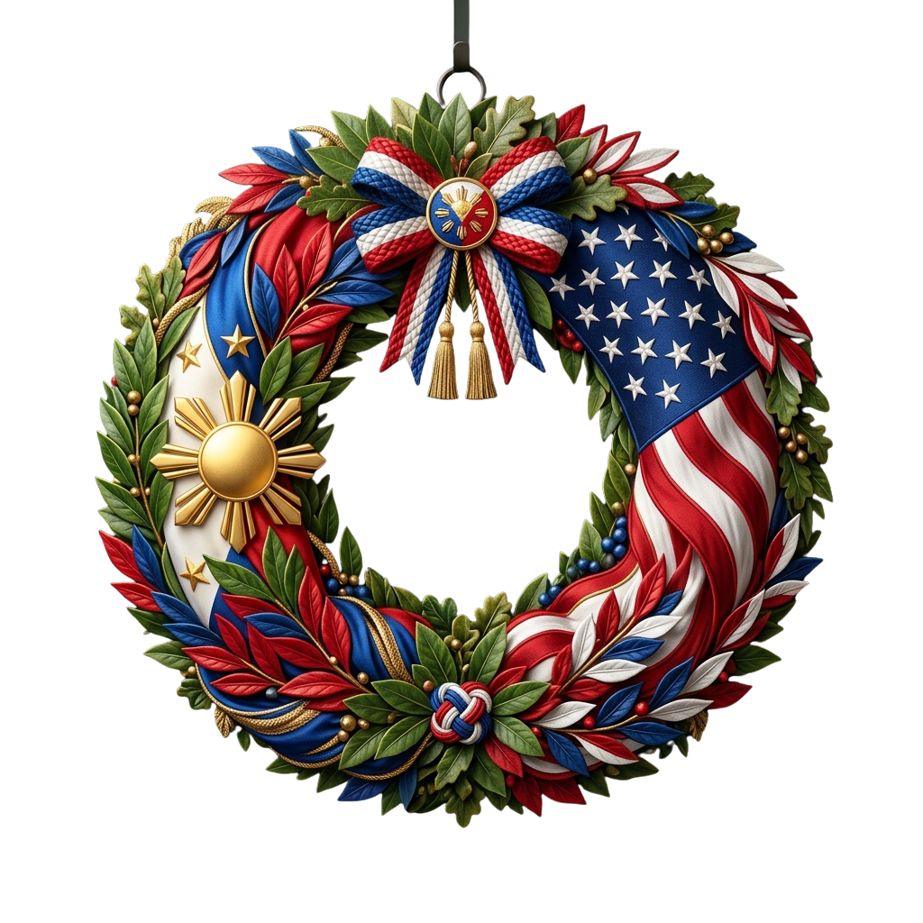 Decorative wreath featuring US and Philippine flag elements, gold emblem, and green foliage