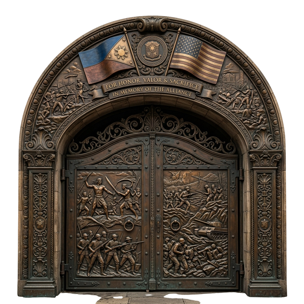 Intricate bronze doors featuring relief sculptures of soldiers, flags, and an inscription honoring valor and sacrifice.