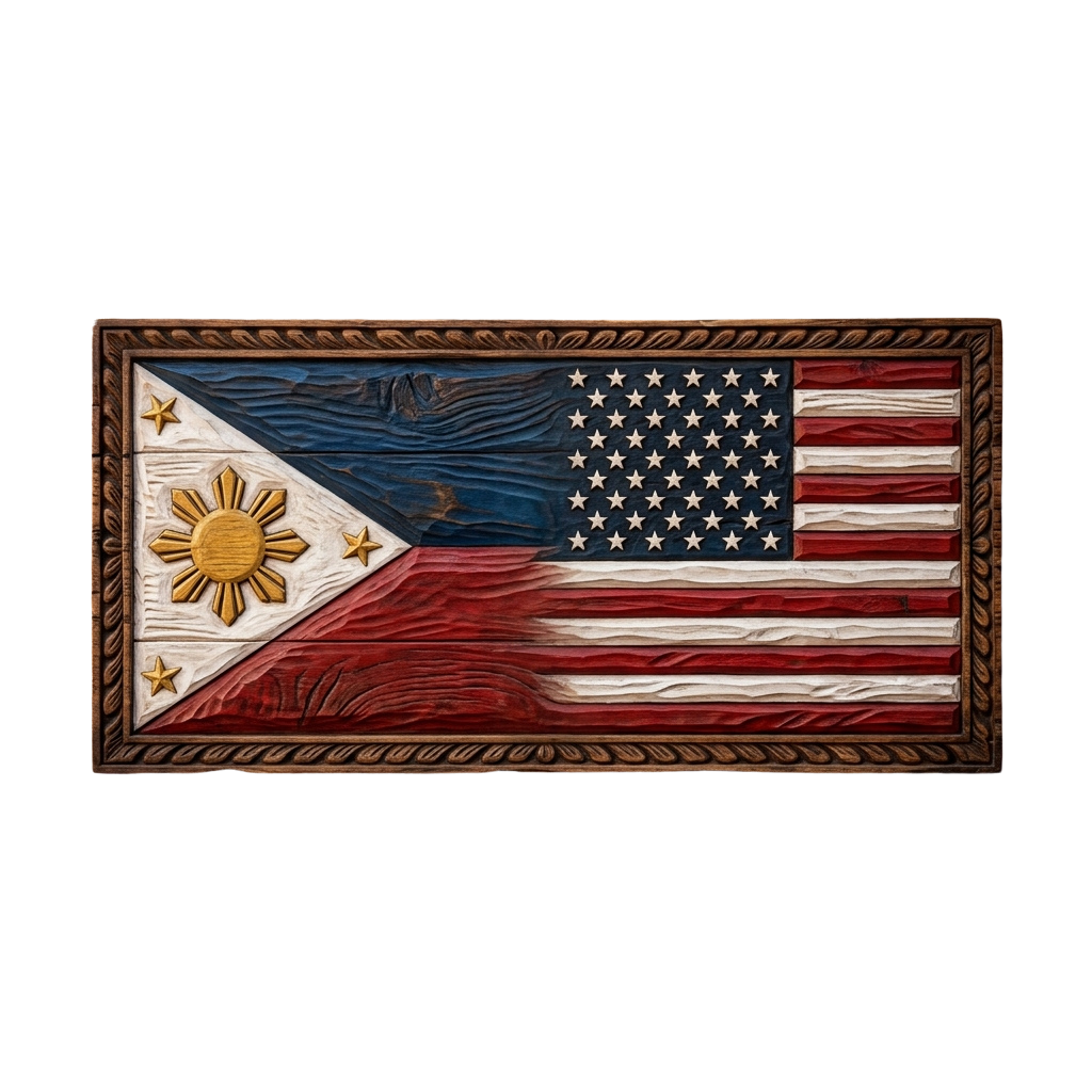 Wooden carving of the Philippine flag on left and American flag on right with a dark frame