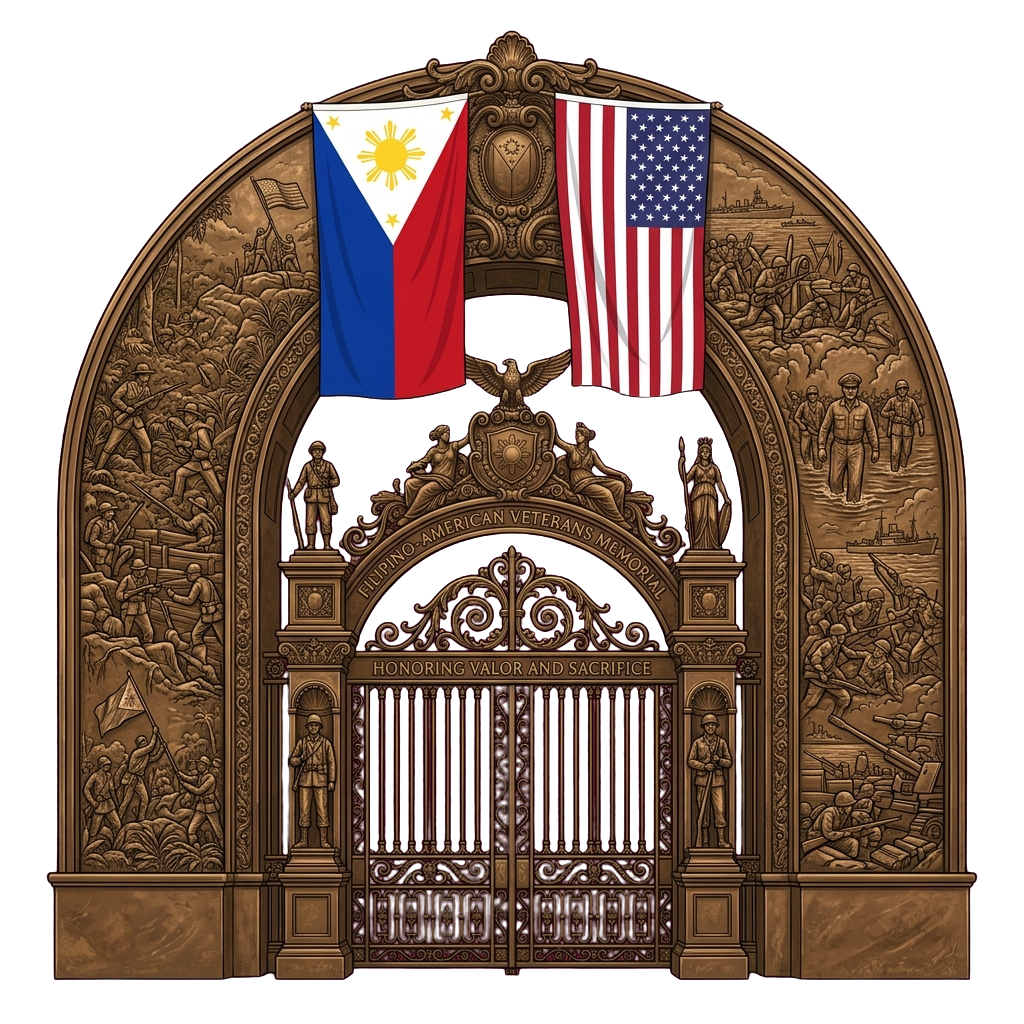 Decorative bronze memorial gate featuring American and Philippine flags, honoring valor and sacrifice with intricate relief sculptures.