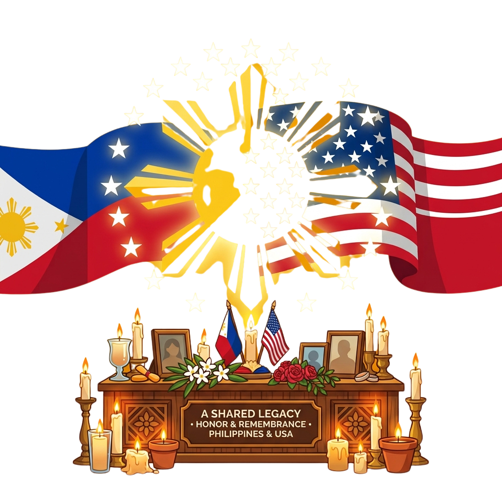 Memorial scene with Philippine and US flags, candles, and framed portraits honoring shared legacy.