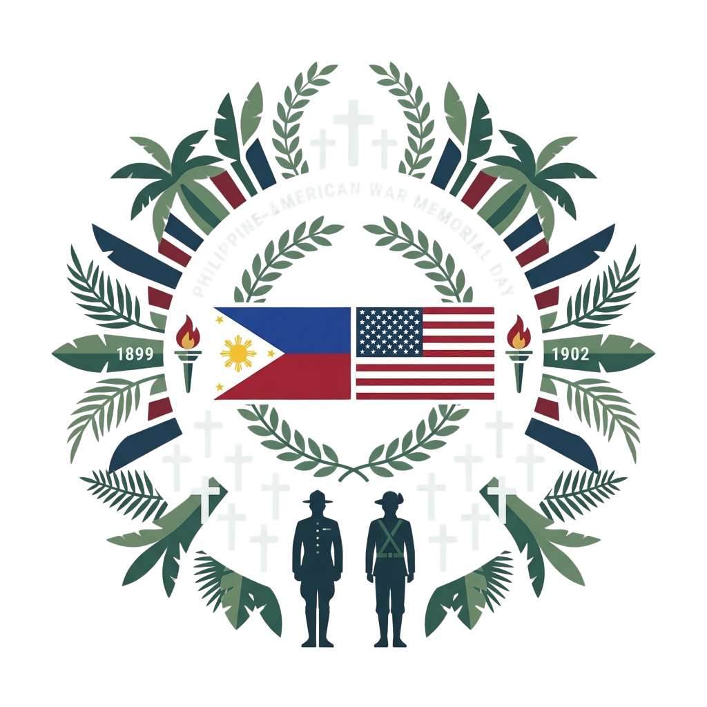 Graphic showing Philippine and American flags with soldiers, dates 1899 and 1902, and crosses symbolizing Philippine-American War Memorial Day