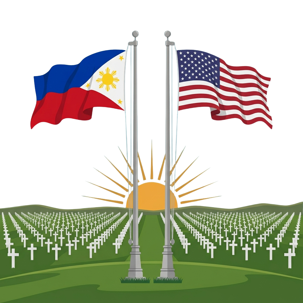 Two flagpoles with Philippine and American flags in a cemetery with white crosses under a rising sun