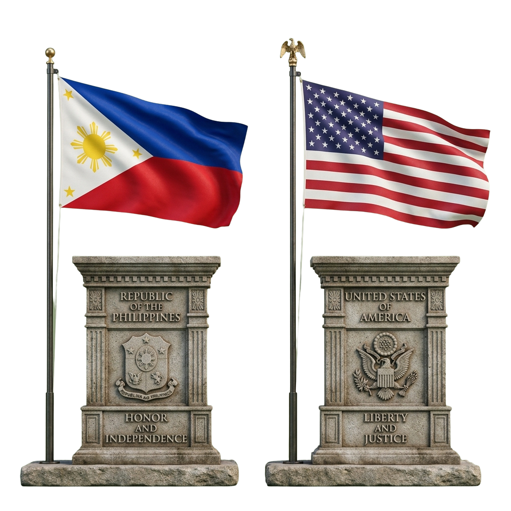 Two flags, Philippines on left and USA on right, mounted on stone pedestals with inscriptions.