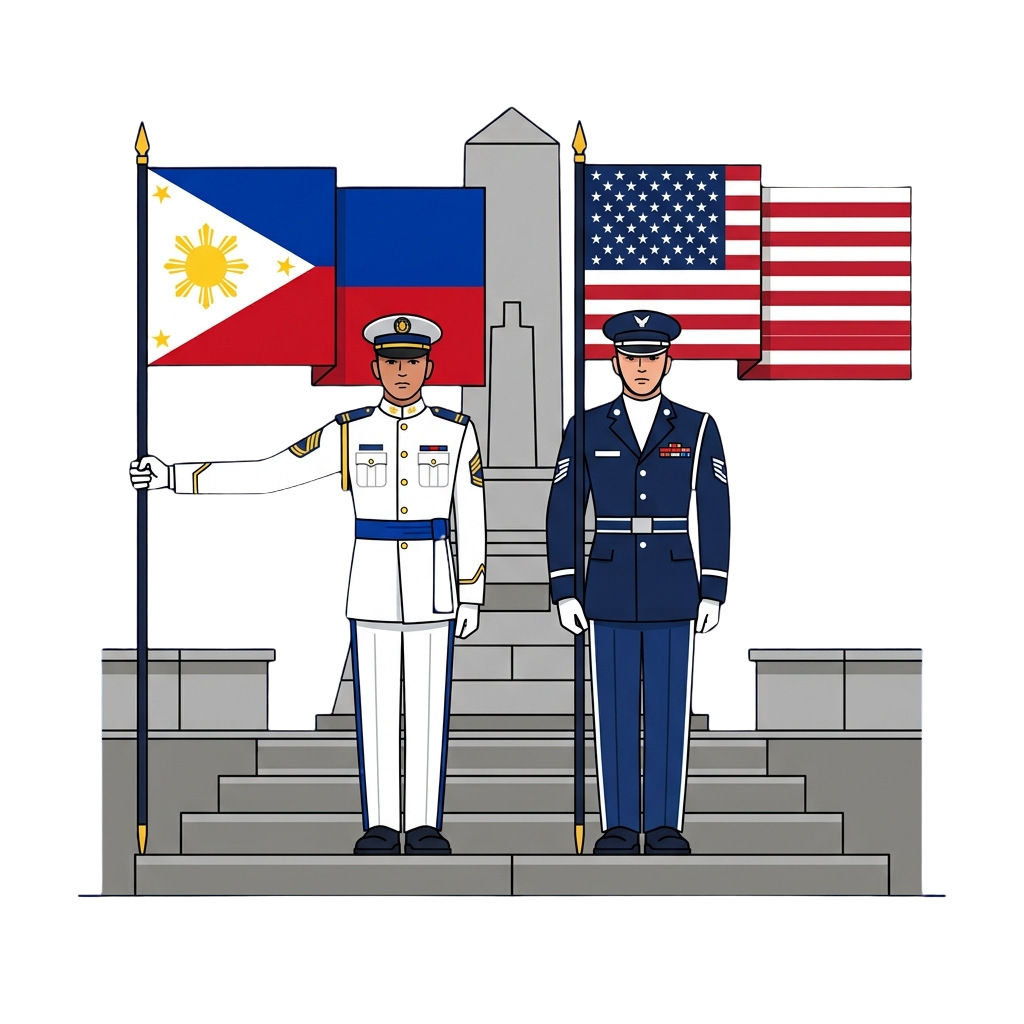 Two military personnel in uniform standing at attention with Philippine and US flags on a stone platform