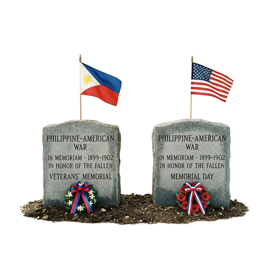 Two gravestone-style memorials for the Philippine-American War with Philippine and US flags
