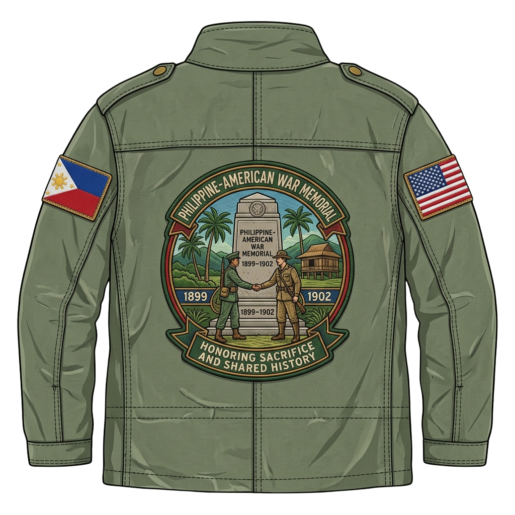 Green jacket with Philippine-American War Memorial patch and flags of the Philippines and United States on sleeves