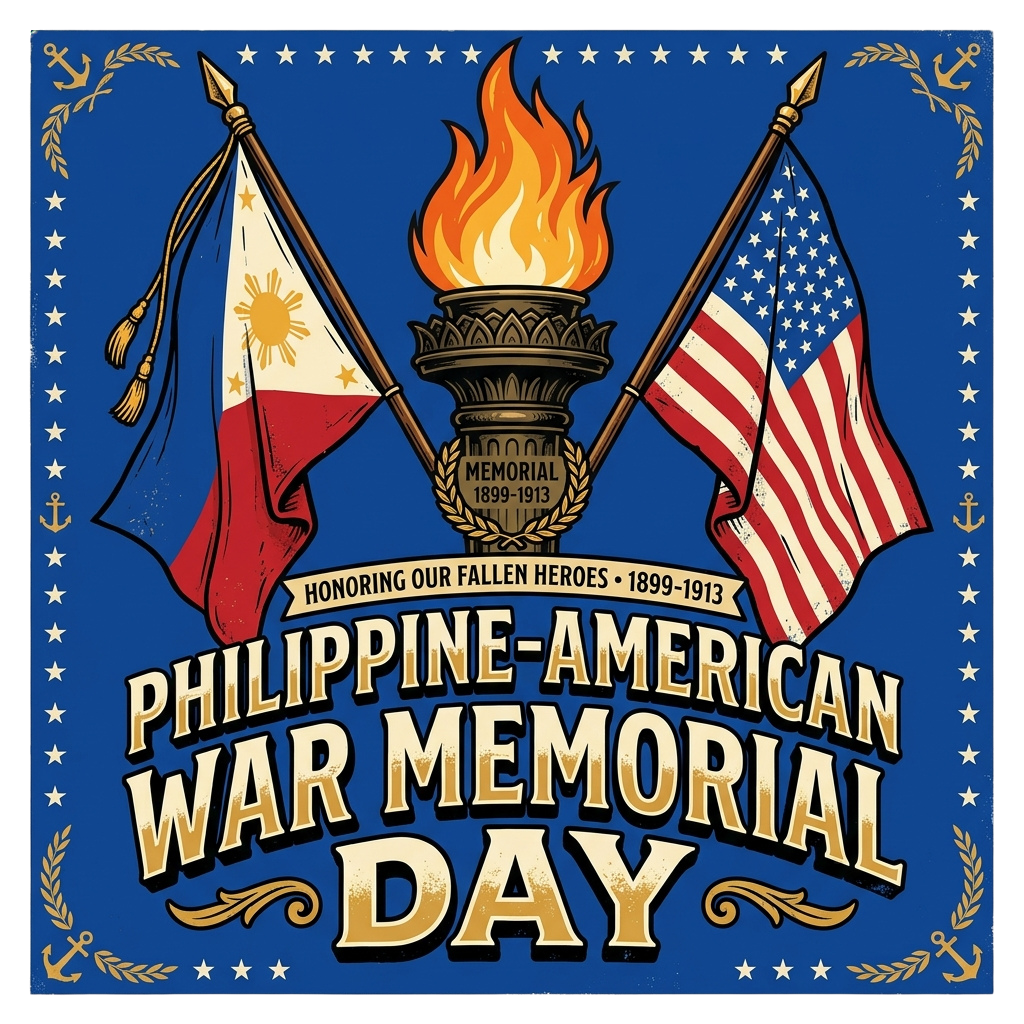Illustration showing Philippine and American flags flanking a torch labeled Memorial 1899-1913 for Philippine-American War Memorial Day