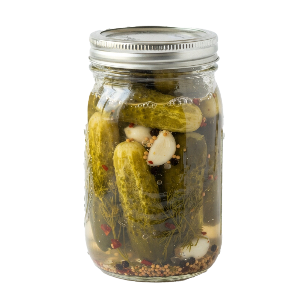 Glass jar filled with fermented pickles, garlic cloves, dill, and spices in brine liquid