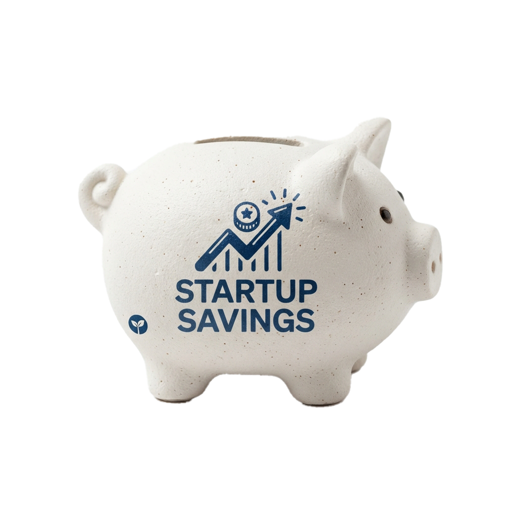 White ceramic piggy bank with blue startup savings graphic and upward growth chart