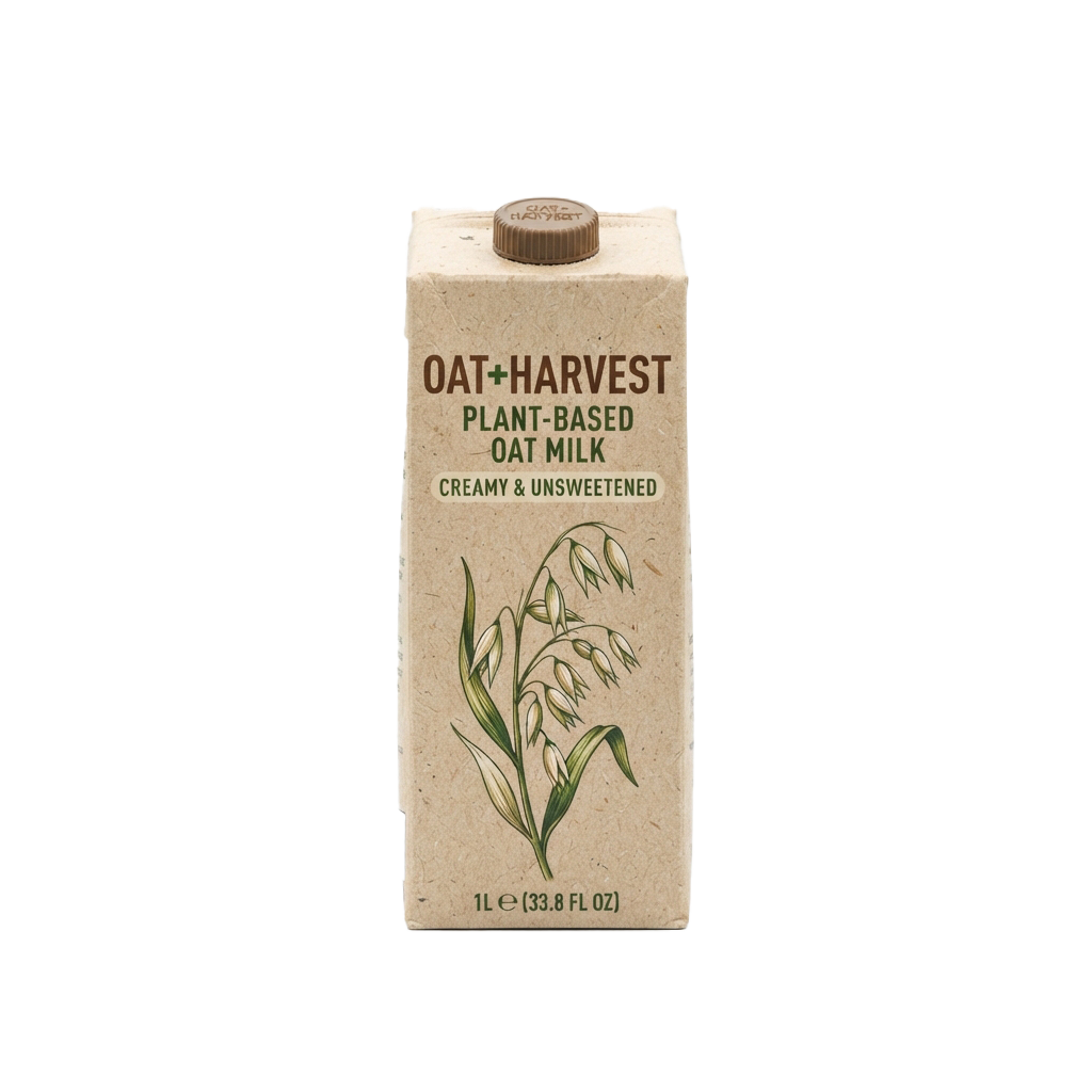 A carton of plant-based oat milk labeled creamy and unsweetened, showing a green oat plant illustration and volume of 1 liter.