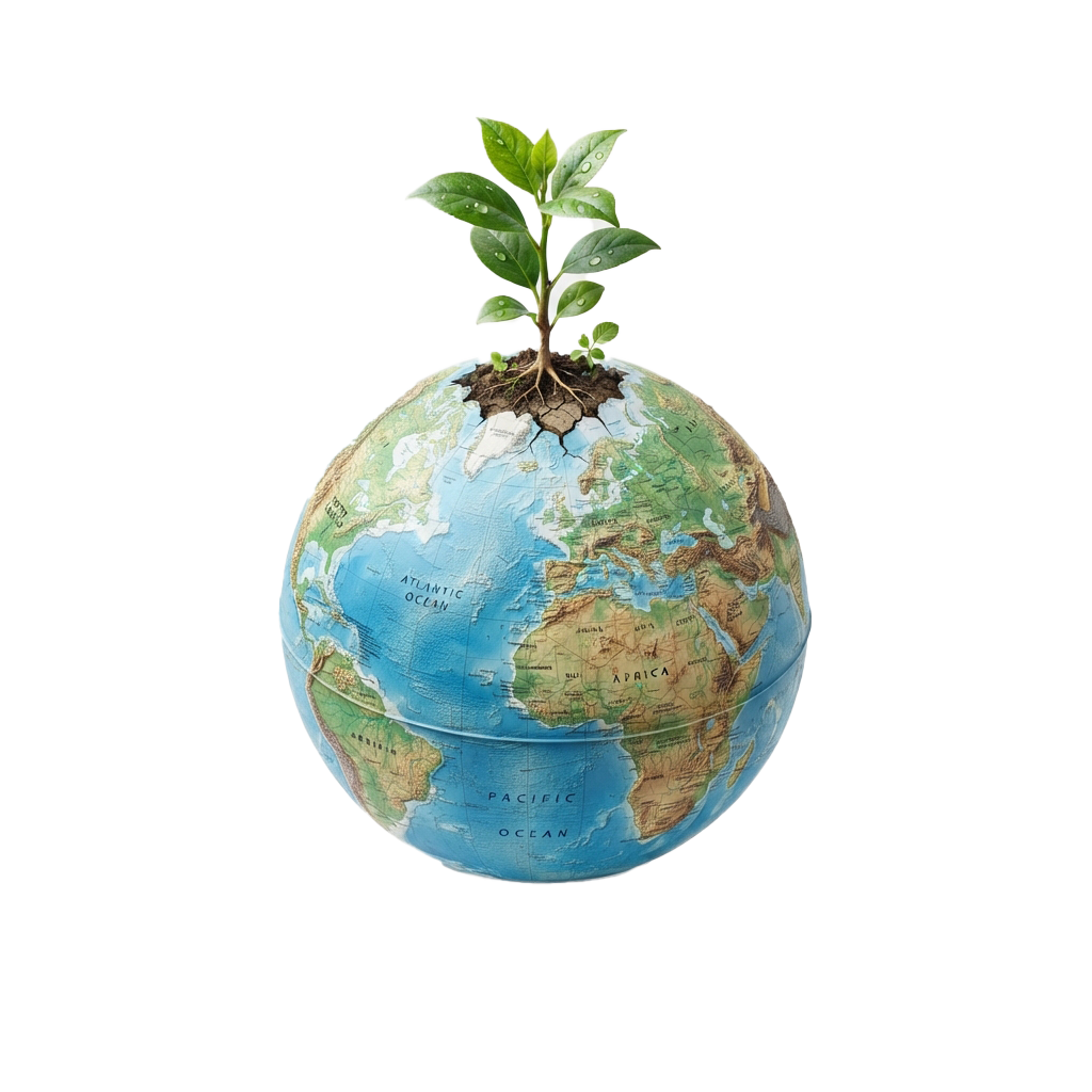 A globe with a small green plant sprouting from its surface near the North Pole.