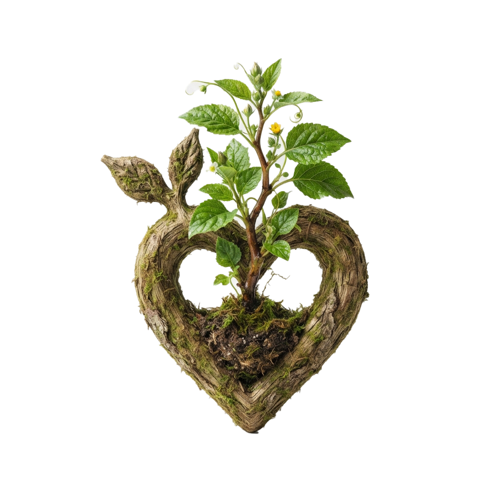 A heart-shaped arrangement of moss with a green plant sprouting from its center
