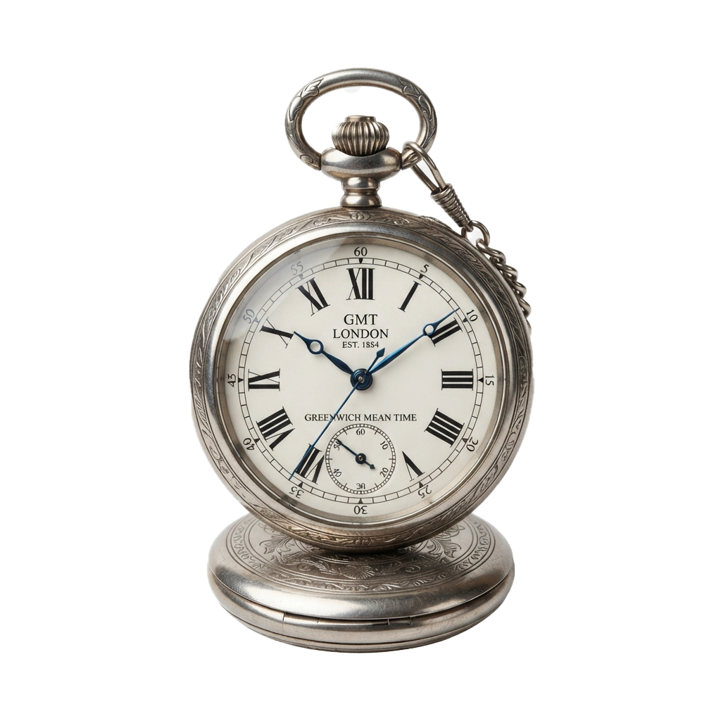 Antique pocket watch displaying Greenwich Mean Time with ornate silver casing and chain