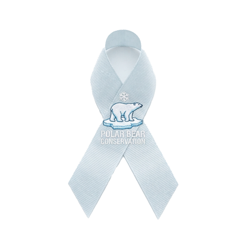 White awareness ribbon featuring a polar bear and snowflake symbol for conservation efforts