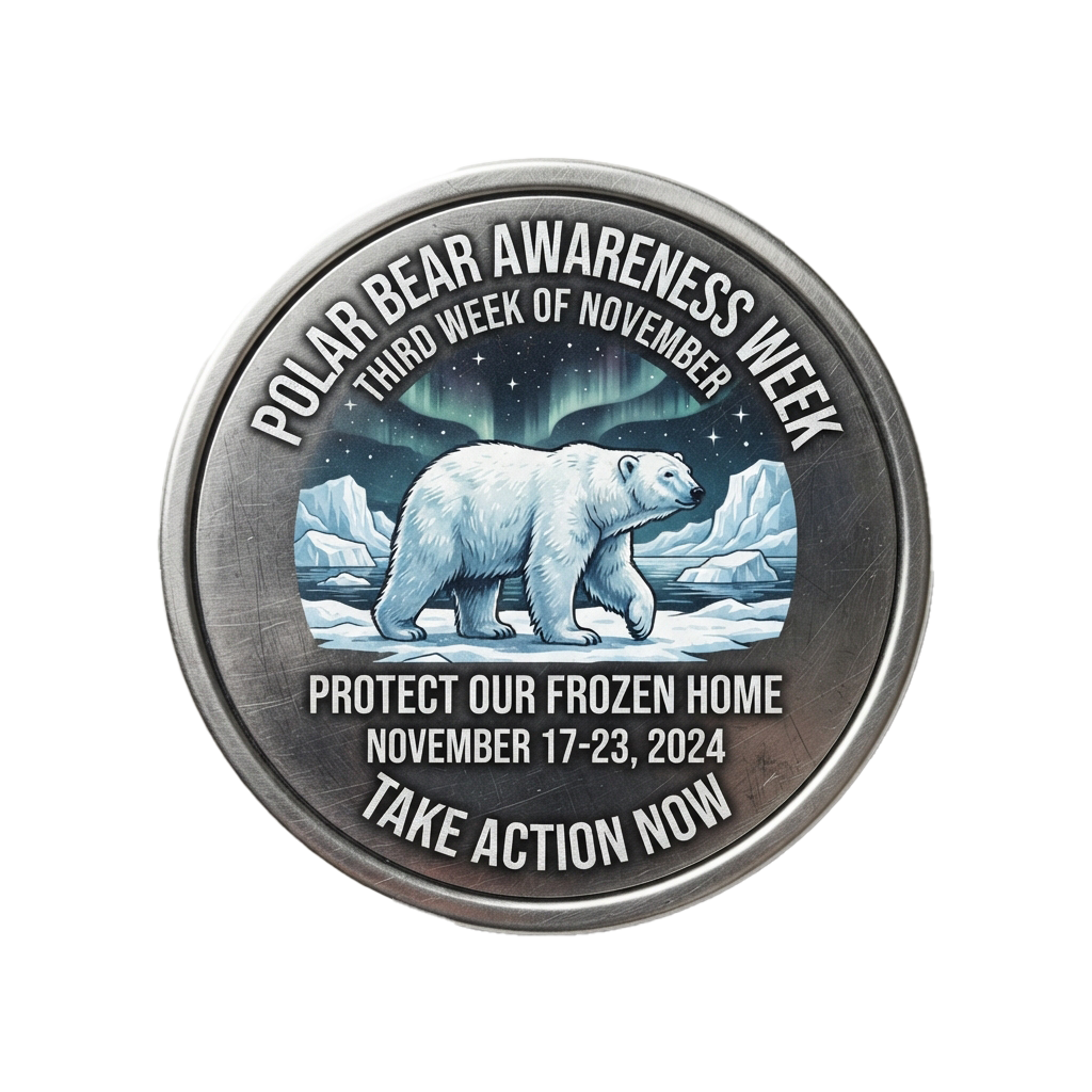 Metal button featuring a polar bear on ice with text about Polar Bear Awareness Week, November 17-23, 2024
