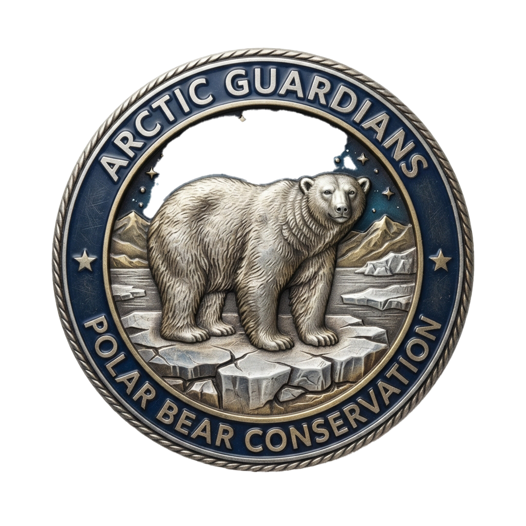 A polar bear standing on ice with mountains in the background, framed by a circular emblem with Arctic Guardians and Polar Bear Conservation text
