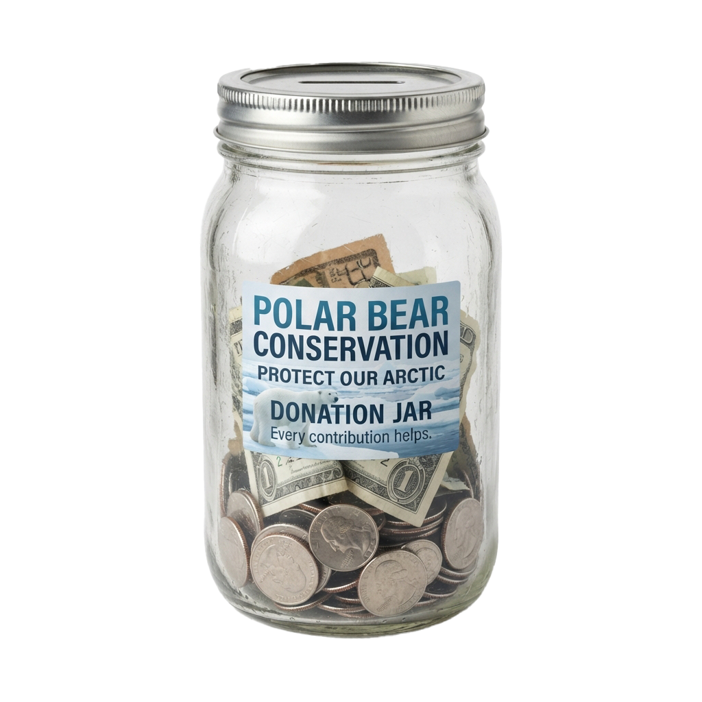 Glass donation jar filled with money labeled Polar Bear Conservation Protect Our Arctic