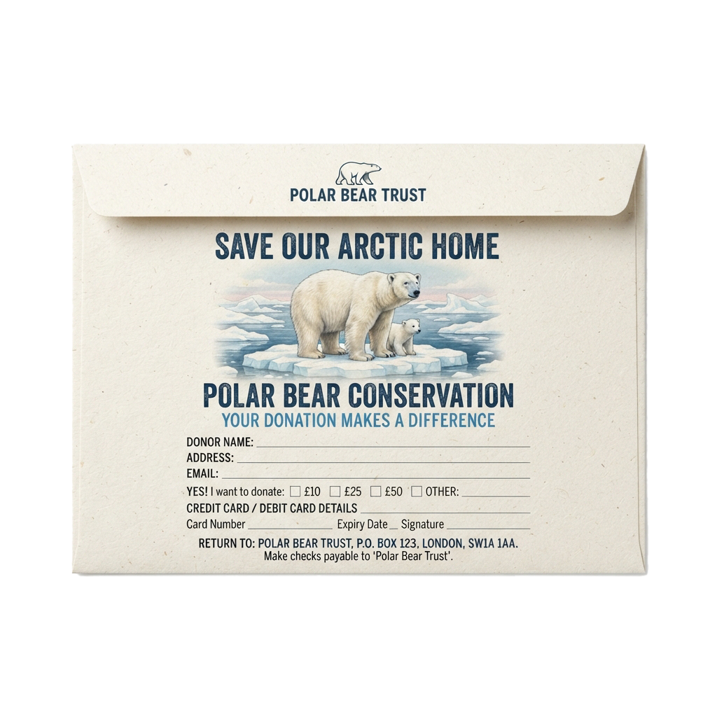 Donation envelope for polar bear conservation with an illustration of two polar bears on ice floes and donation details