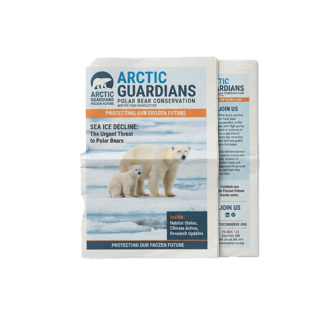 Winter newsletter cover featuring two polar bears on melting sea ice with text about sea ice decline and conservation efforts