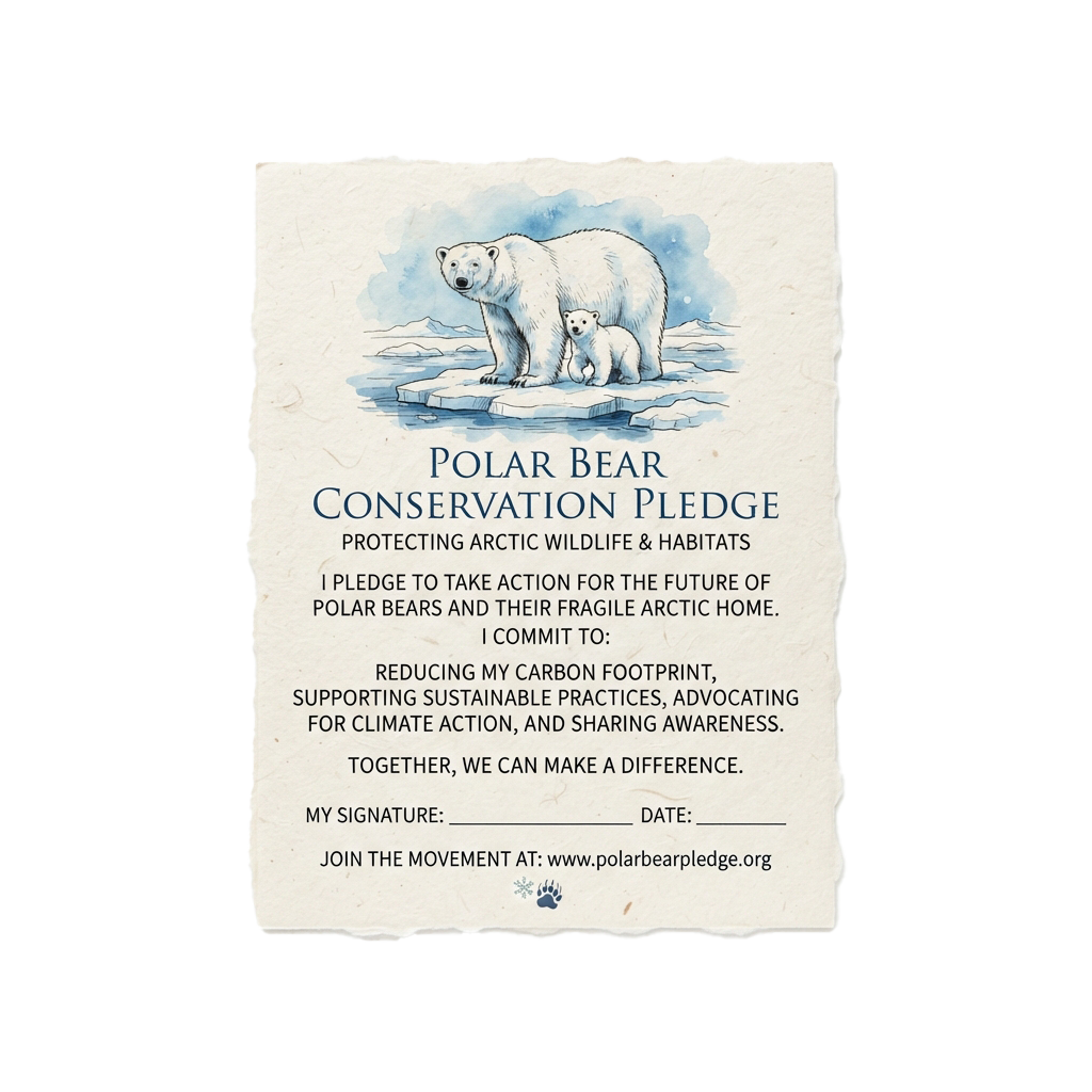 Illustration of a polar bear with cub on ice, with a pledge text for Arctic wildlife conservation