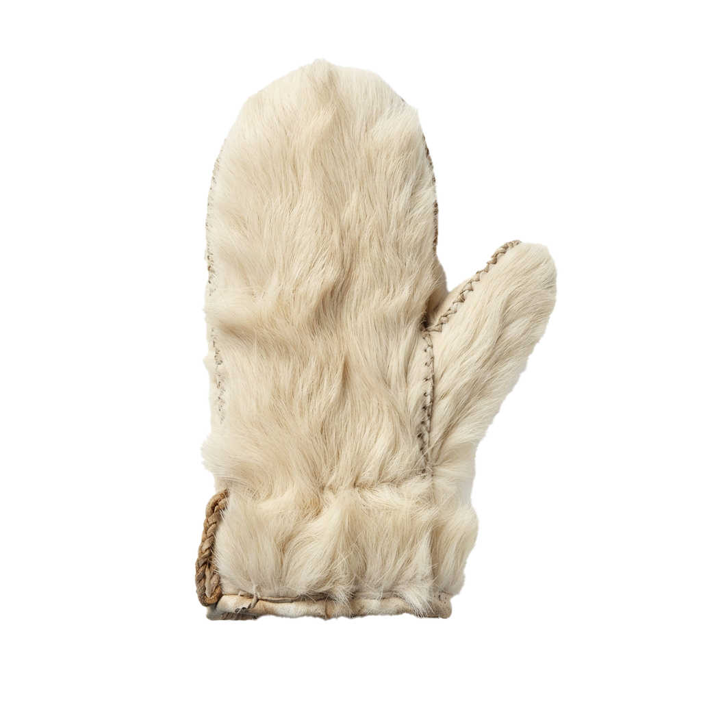A white sheepskin mitten with an open finger section for thumb and index finger.