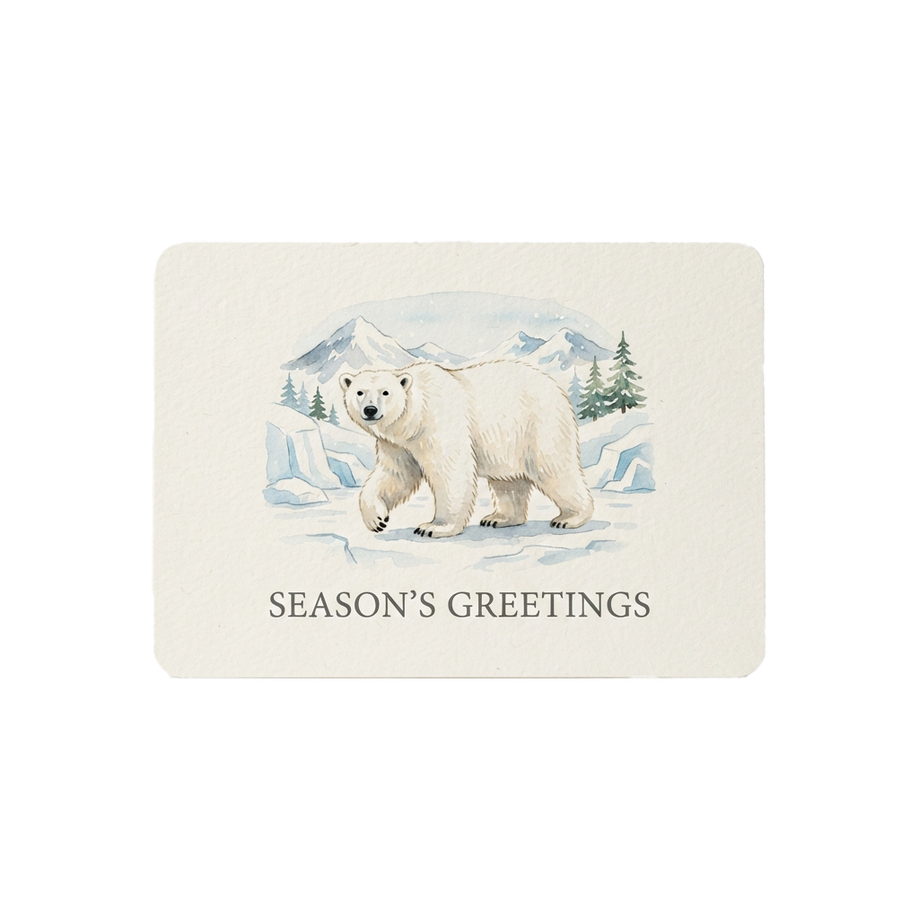 Watercolor illustration of a polar bear standing on snow-covered ice with mountains in the background