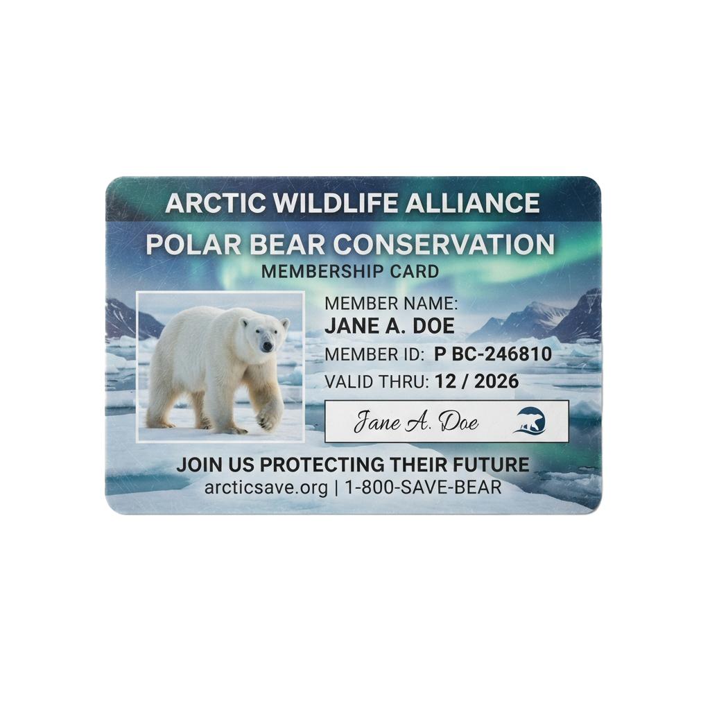 Membership card featuring a polar bear with Arctic Wildlife Alliance details and member info