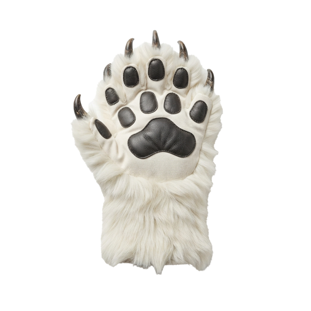 A white furry paw with black pads and claws against a black background