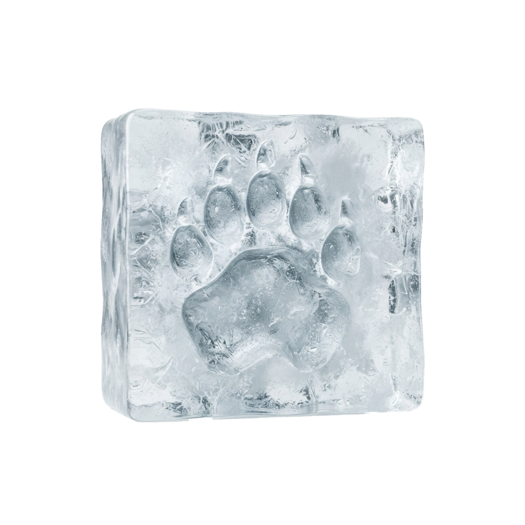 A clear ice block with a paw print imprint carved into its surface