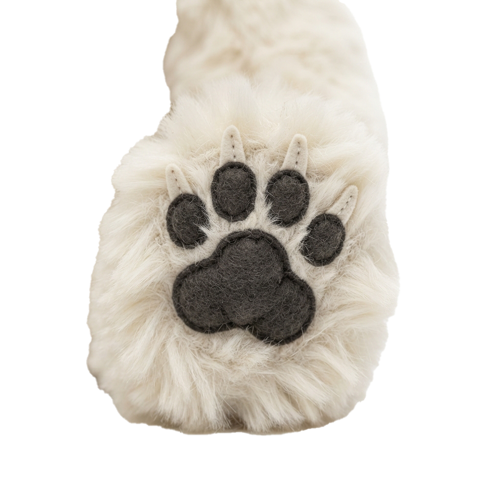 Close-up of a white fluffy plush dog paw with black padded paw prints