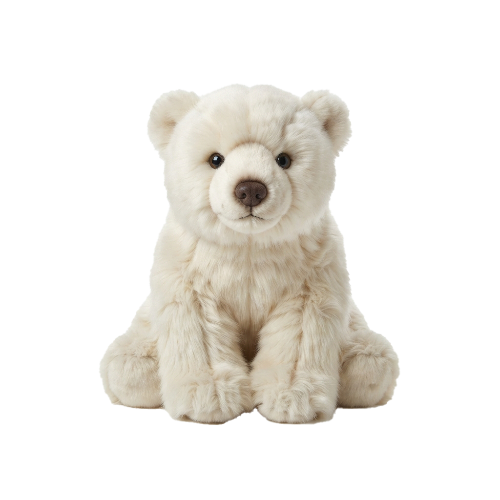 A light-colored plush polar bear toy sitting upright on a black background
