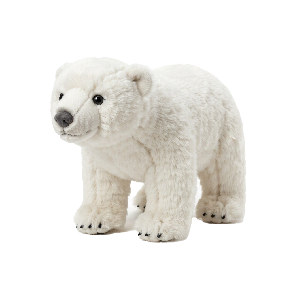 A soft plush toy of a white polar bear standing on four legs against a black background