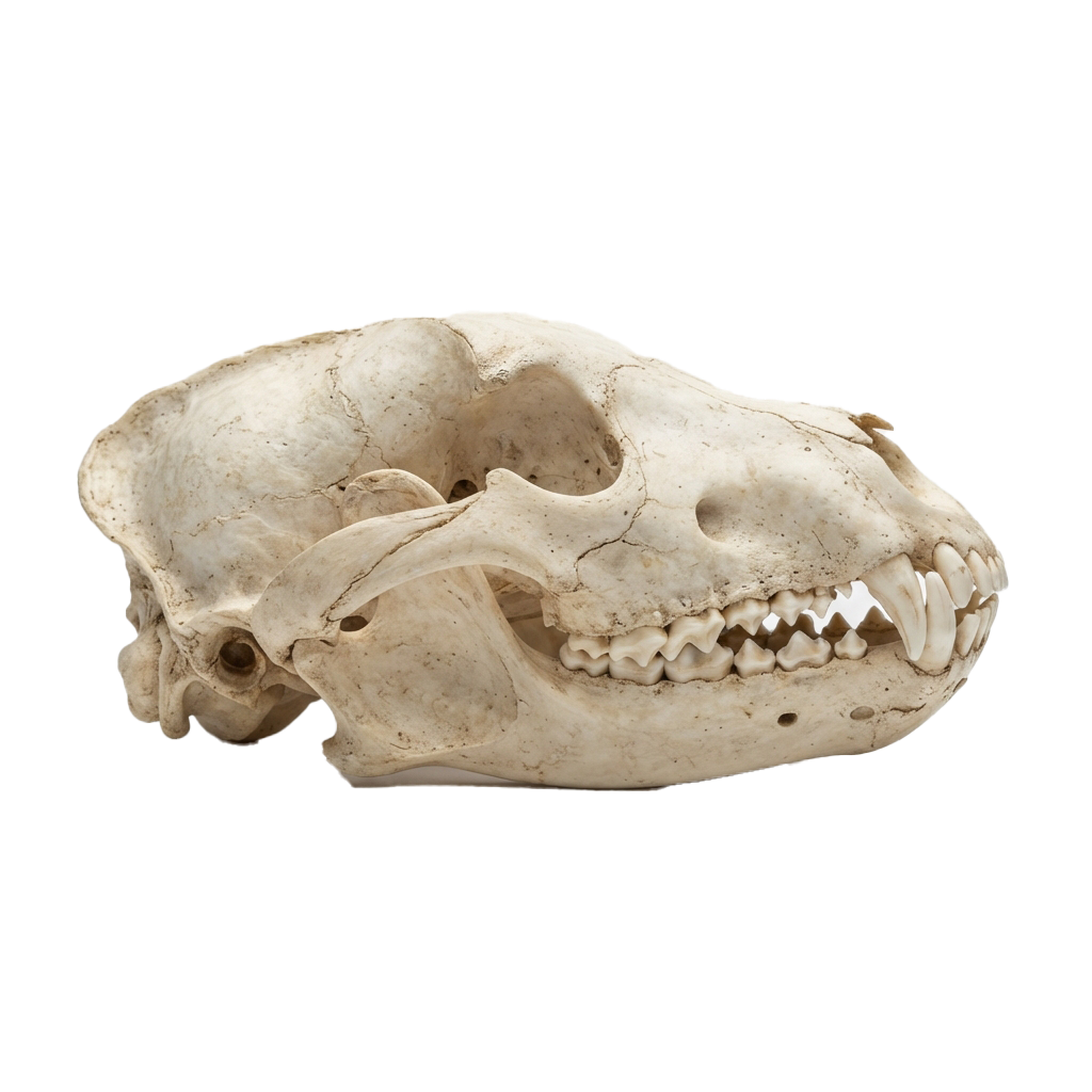 Side view of an animal skull showing teeth, jaw, and bone structure