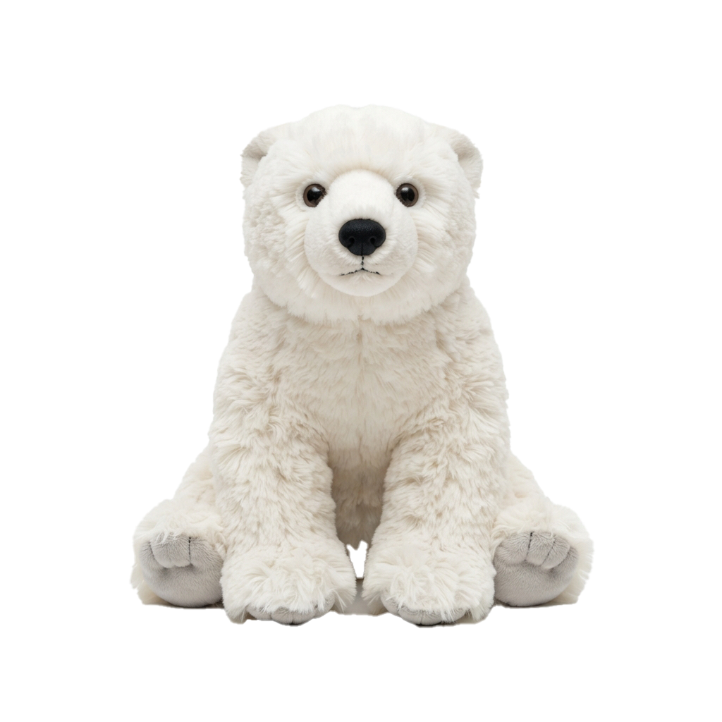 A cute white plush polar bear toy sitting upright against a black background