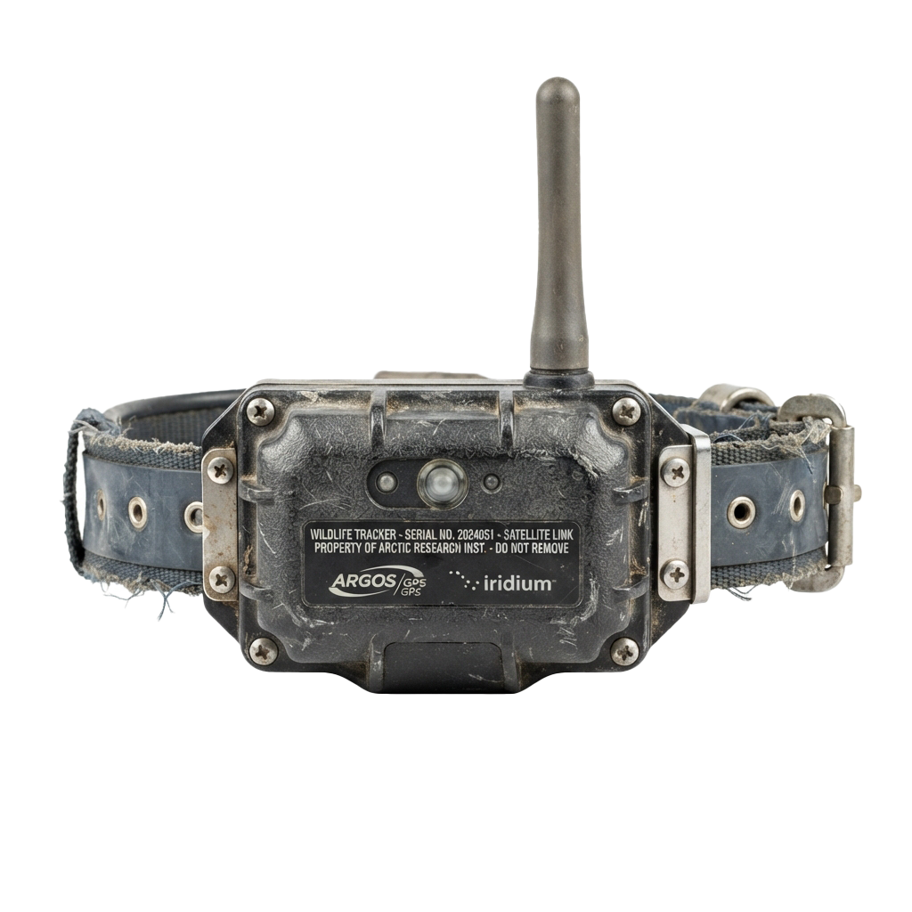 A rugged wildlife tracking device with satellite link and antenna, labeled for research use